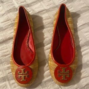 Tory Burch Red and Tan Wicker Ballet Flats with Logo